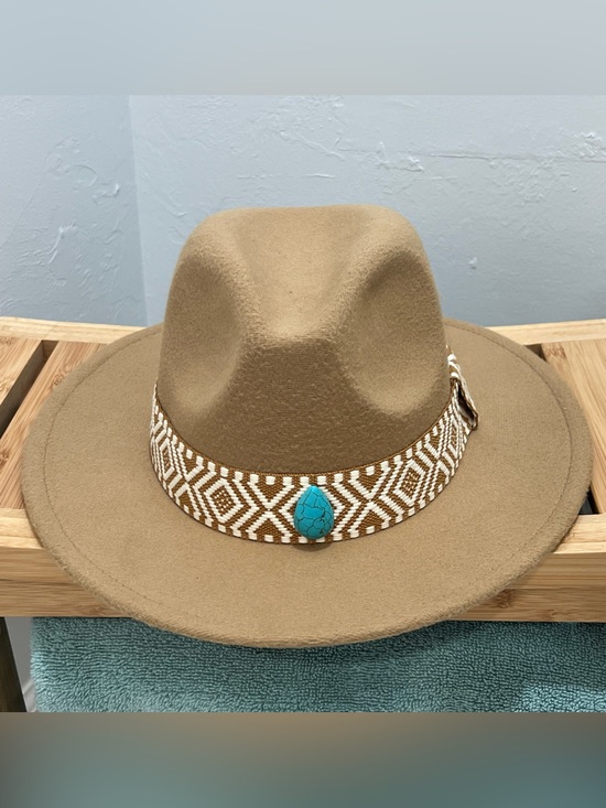 Accessories - Tan Felt Fedora with Woven Band and Turquoise Accent